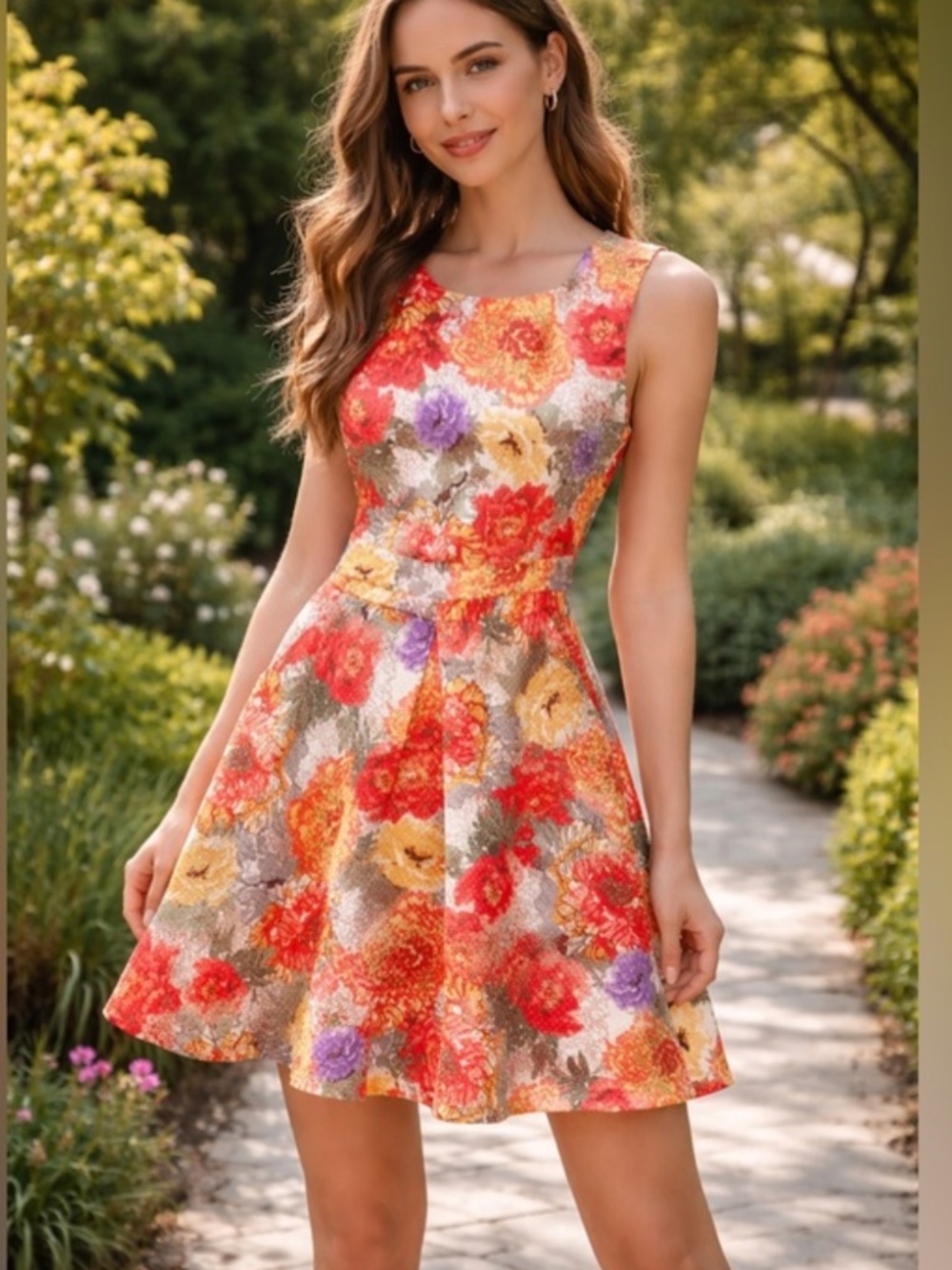 Gabby Skye Floral Fit-and-Flare 2 piece tan and skirt, size 6